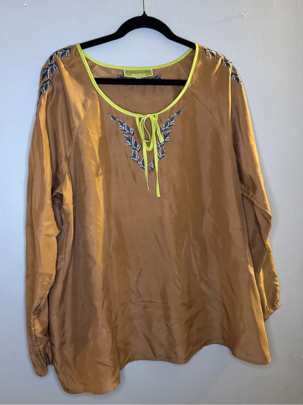 Sigrid Olsen Tan Tunic with Embroidery 100% Silk Sz XL